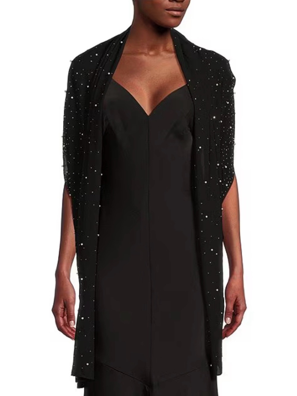 Cezanne Scattered Pearl and Crystal Silk Evening Wrap Black OS NWT